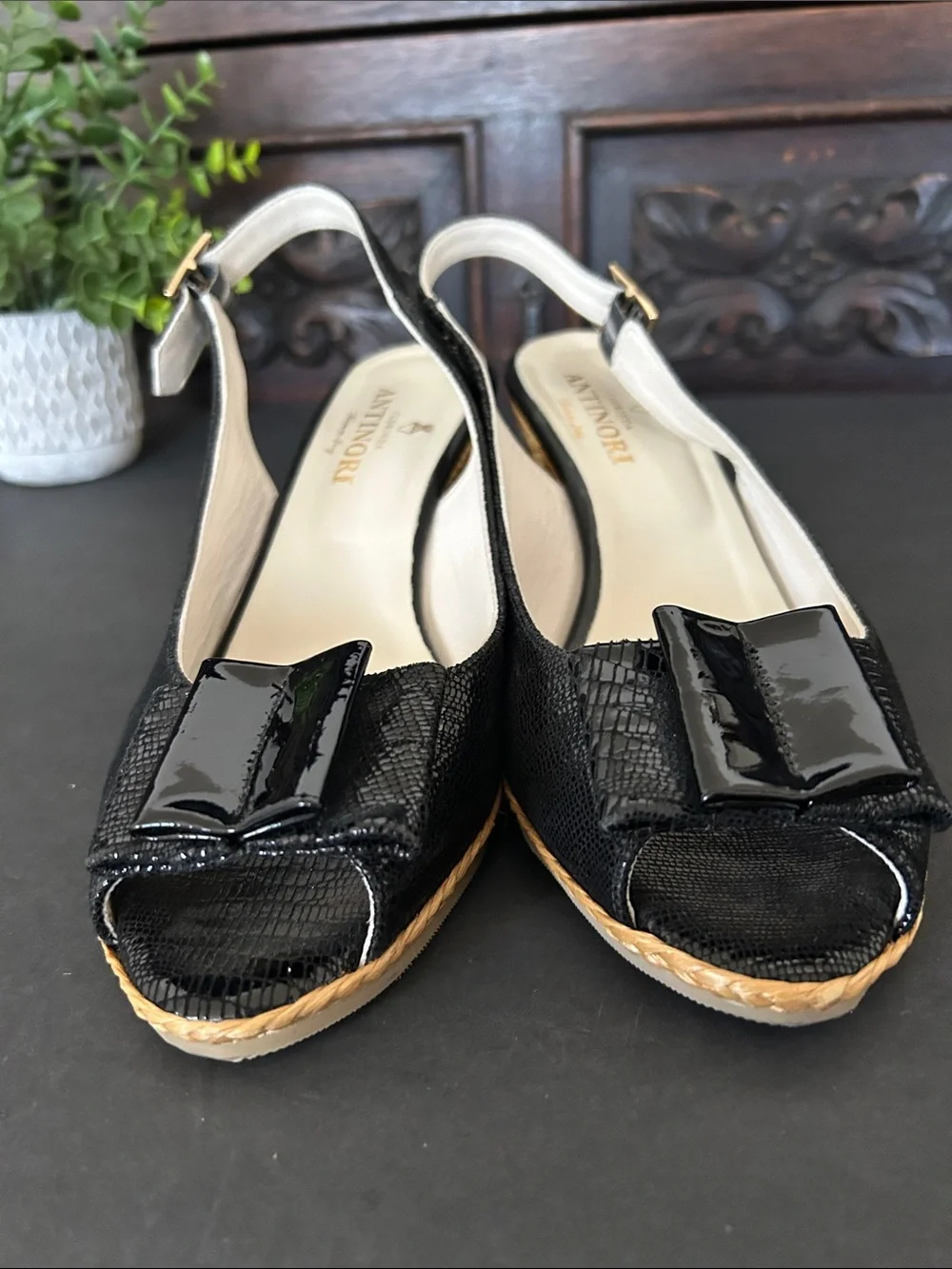 Antinori Black Patent Accent Espadrille Slingbacks